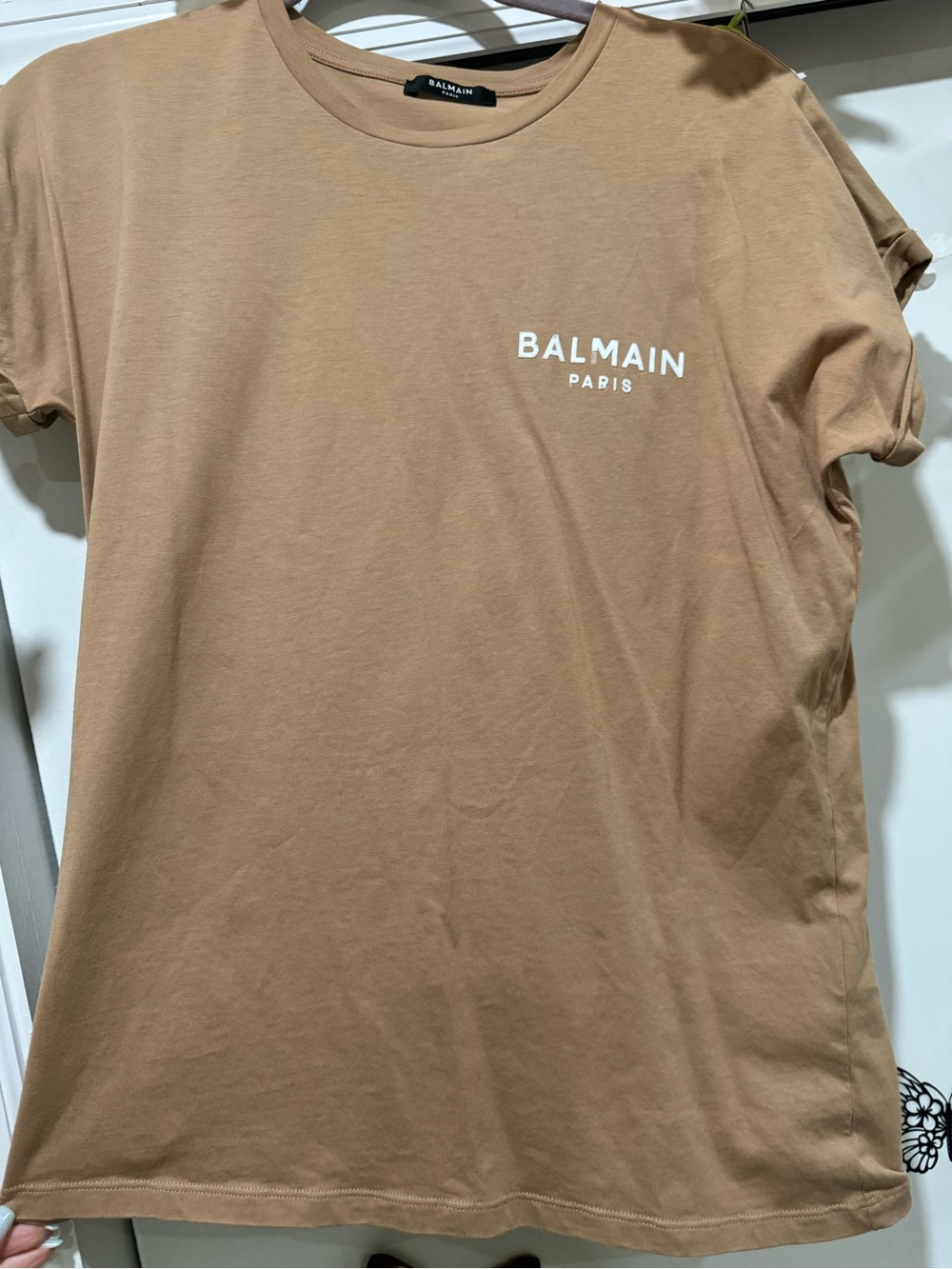 Balmain Tan Cotton Logo Tee with White Print